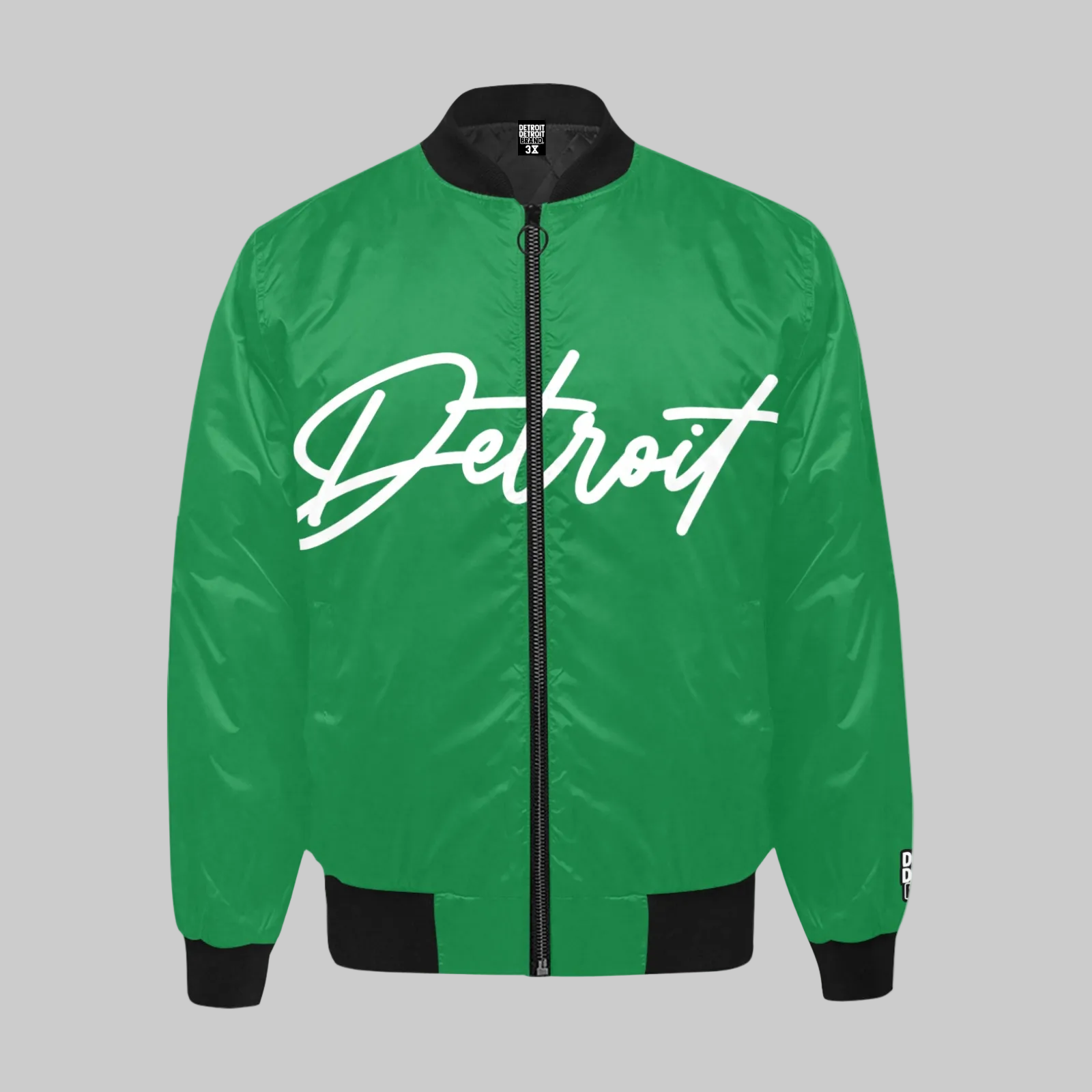 Green jacket with 'Detroit' text on a white background