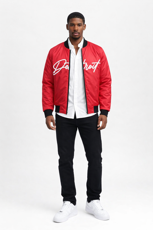 Man wearing a red bomber jacket with 'Detroit' text, white shirt, black pants, and white sneakers on a white background