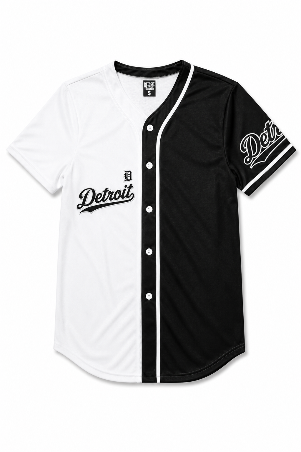 Detroit Split Script Baseball Jersey black and white front view