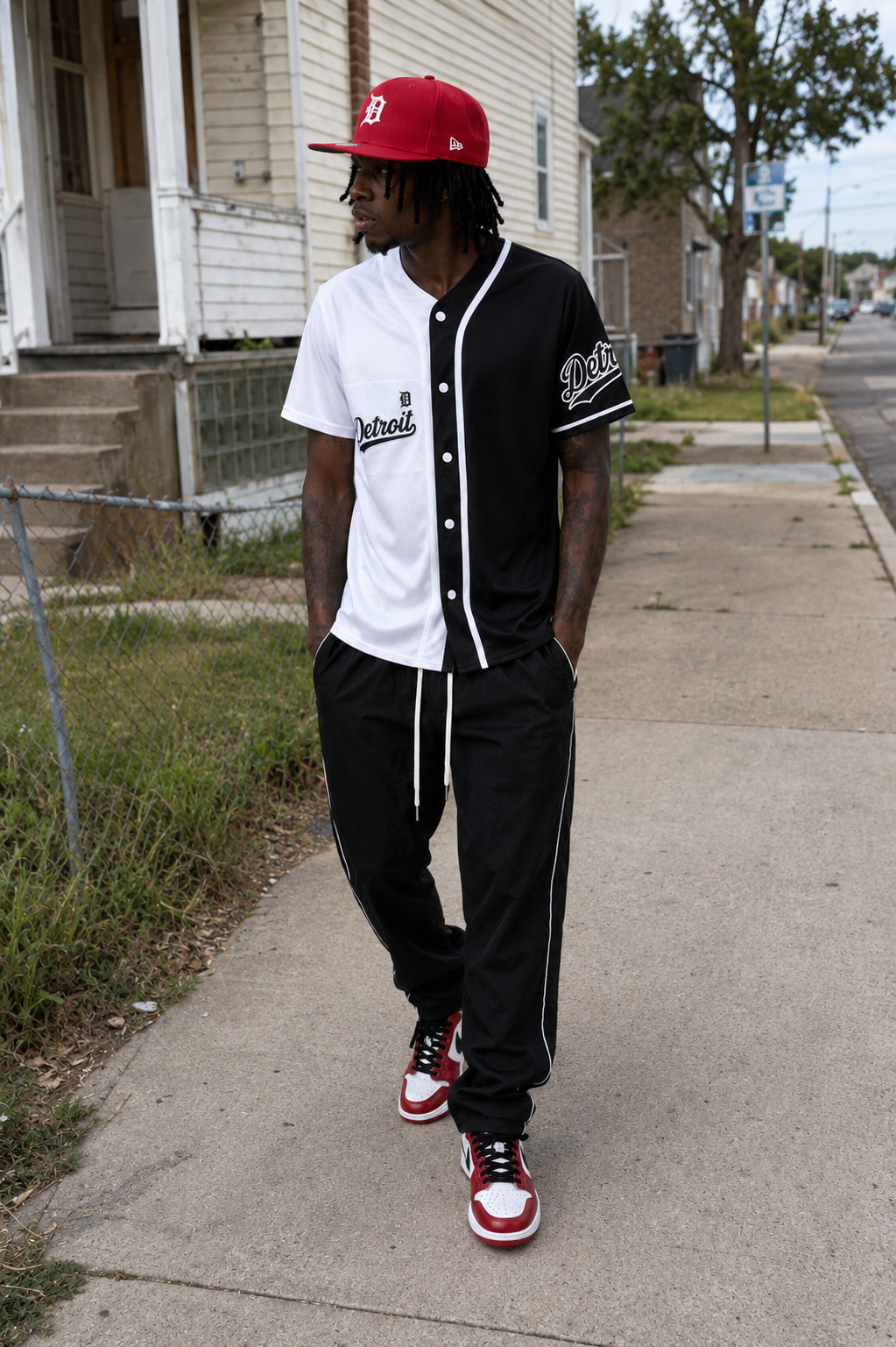 Male model wearing Detroit Split Script Baseball Jersey in black and white