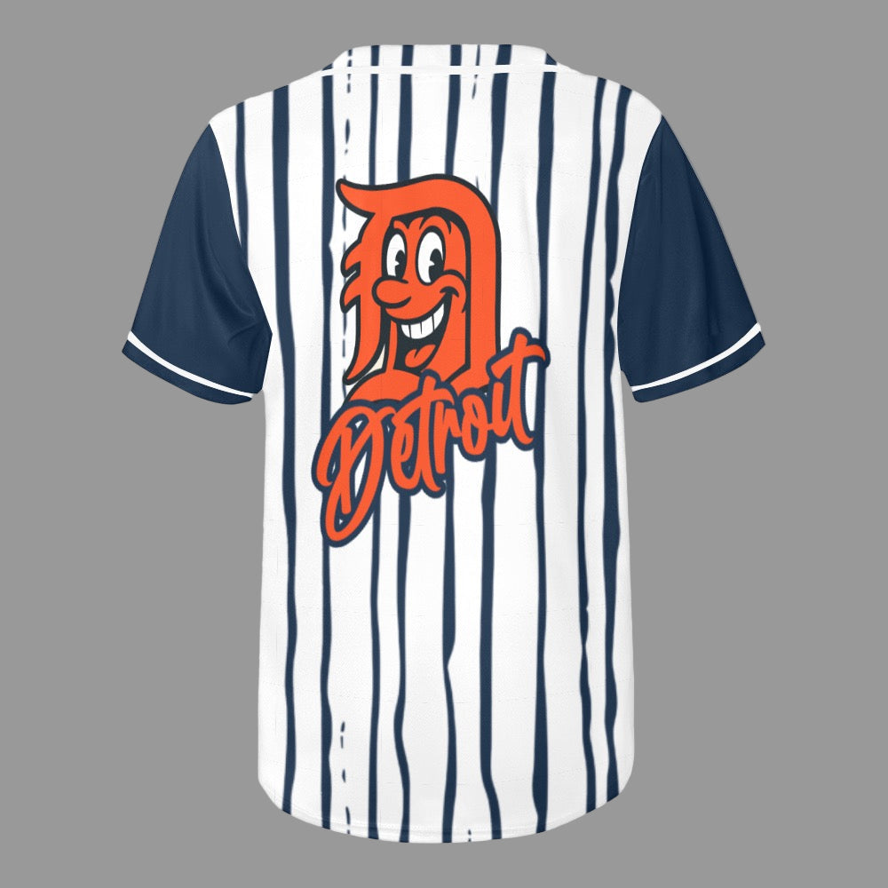 Baseball jersey with a logo and text on a white background