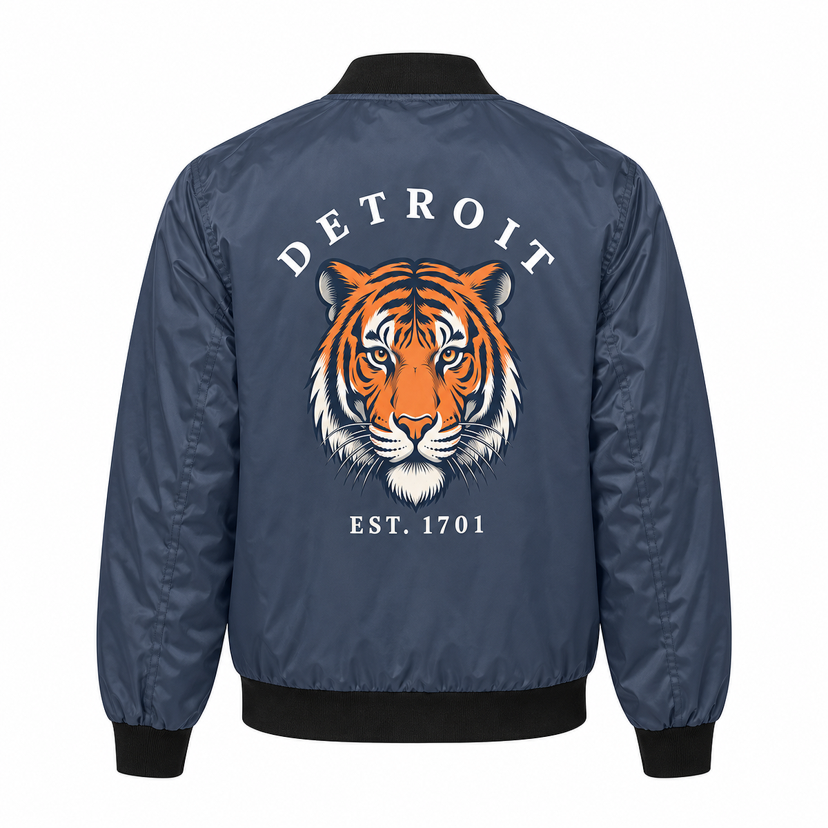 Navy Detroit Tiger bomber jacket back featuring Detroit tiger graphic and EST 1701