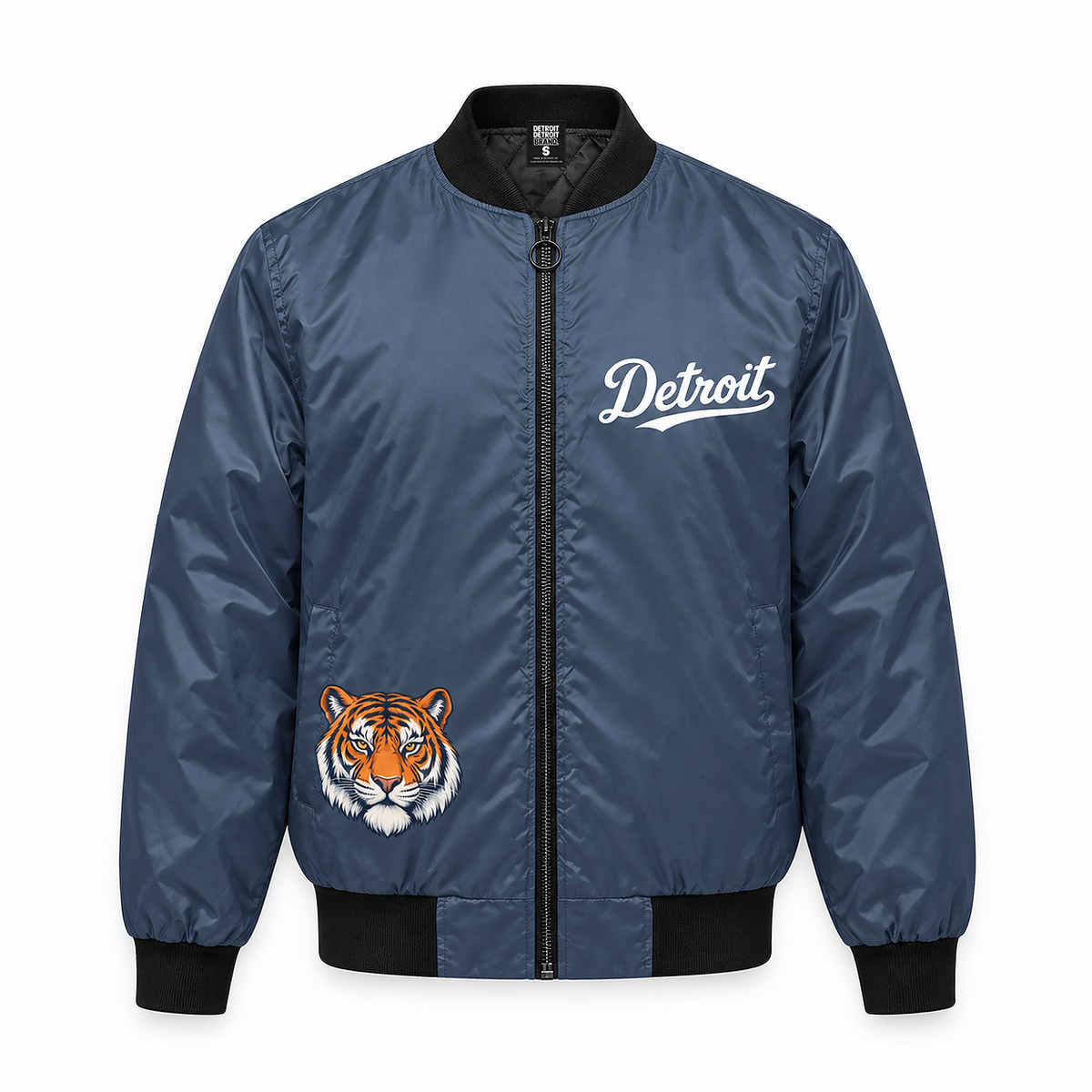 Navy Detroit Tiger 1701 bomber jacket front with white Detroit script and tiger graphic