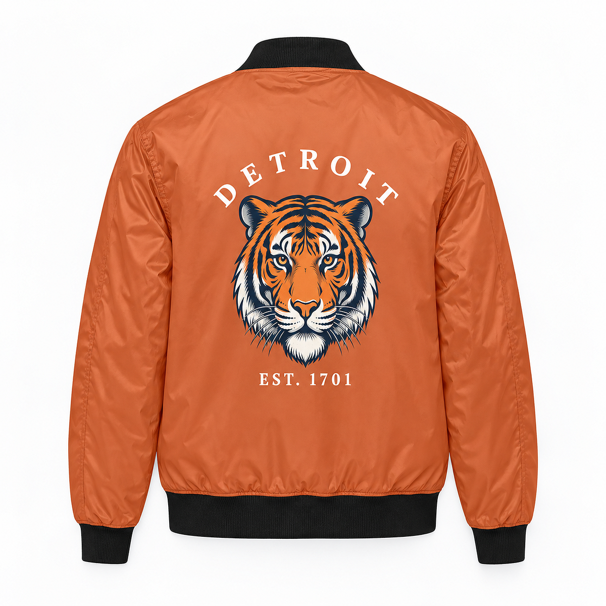Orange Detroit Tiger 1701 bomber jacket back with large tiger head and EST 1701 graphic