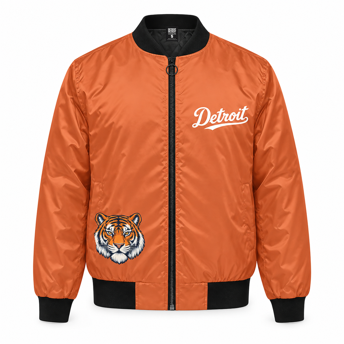 Orange Detroit Tiger bomber jacket front with Detroit script and tiger artwork