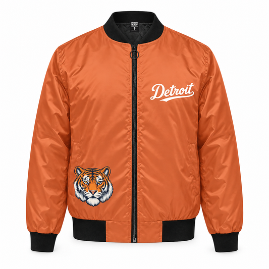 Orange Detroit Tiger bomber jacket front with Detroit script and tiger artwork