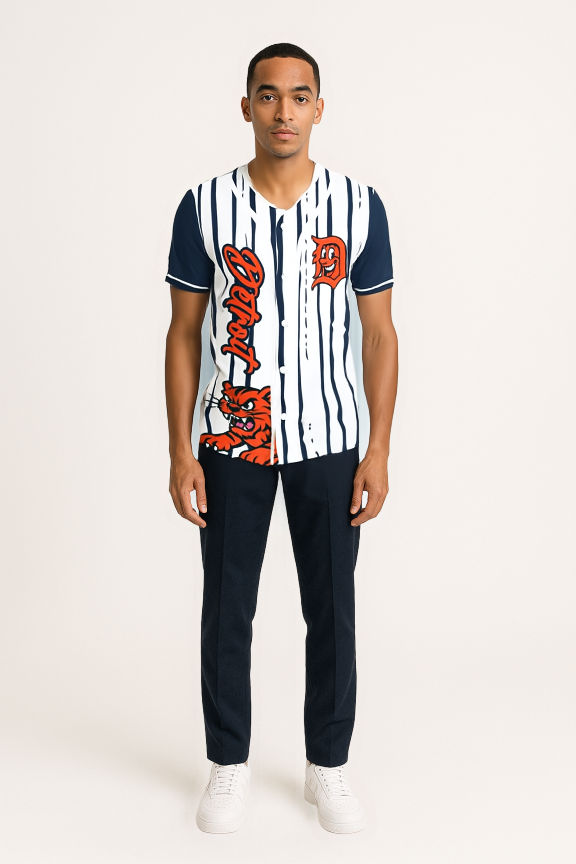 Man wearing a white baseball jersey with navy pinstripes and sleeves, featuring orange “Detroit” script along the front and an illustrated orange tiger near the bottom hem, paired with dark pants and white sneakers, standing against a light background.