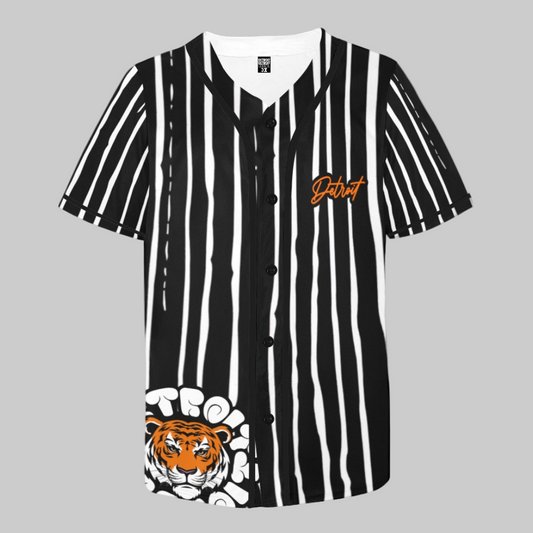 Black and white striped baseball jersey featuring an orange “Detroit” script on the chest and a fierce orange tiger graphic near the bottom front.