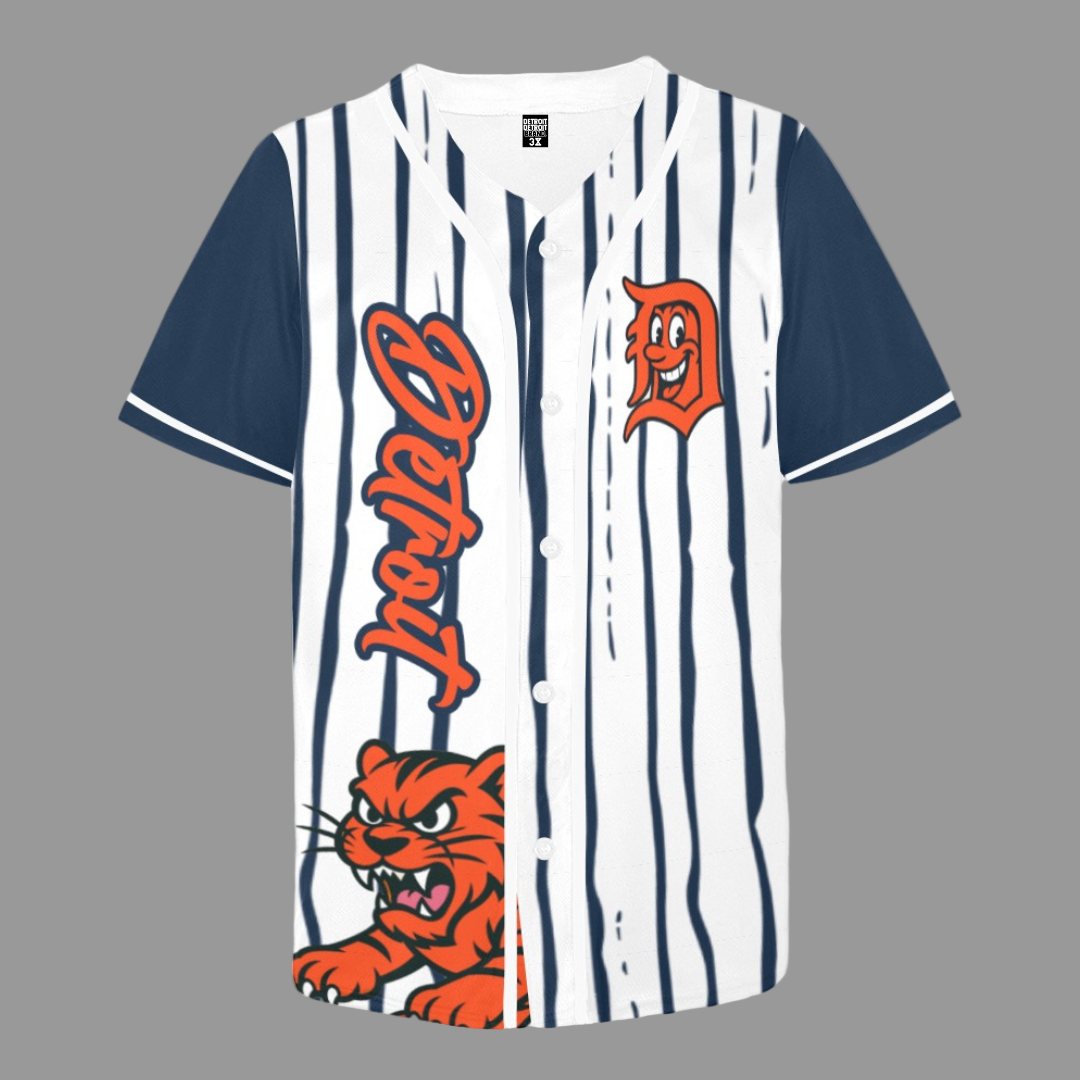 White baseball jersey with navy blue pinstripes and sleeves, featuring orange “Detroit” script along the left front, a vintage-style orange “D” logo on the right chest, and an illustrated orange tiger near the bottom hem.