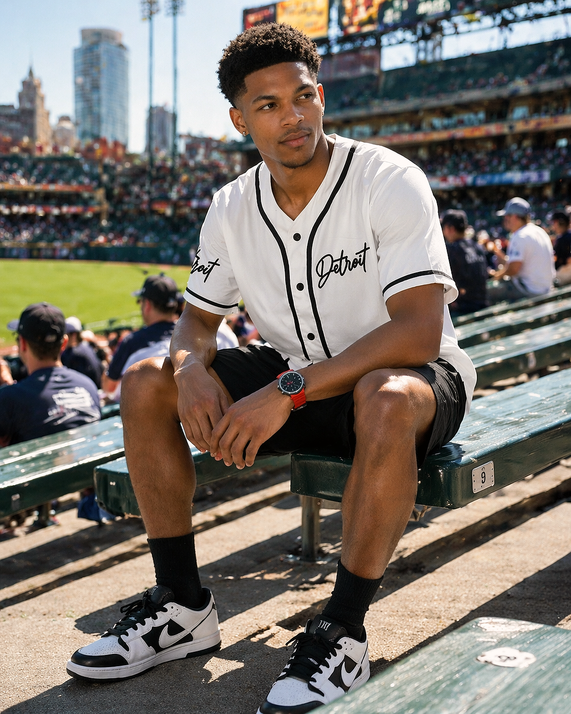 Man wearing white Detroit baseball jersey sitting on stadium bleachers during a game, casual streetwear outfit with black shorts and sneakers, urban sports lifestyle