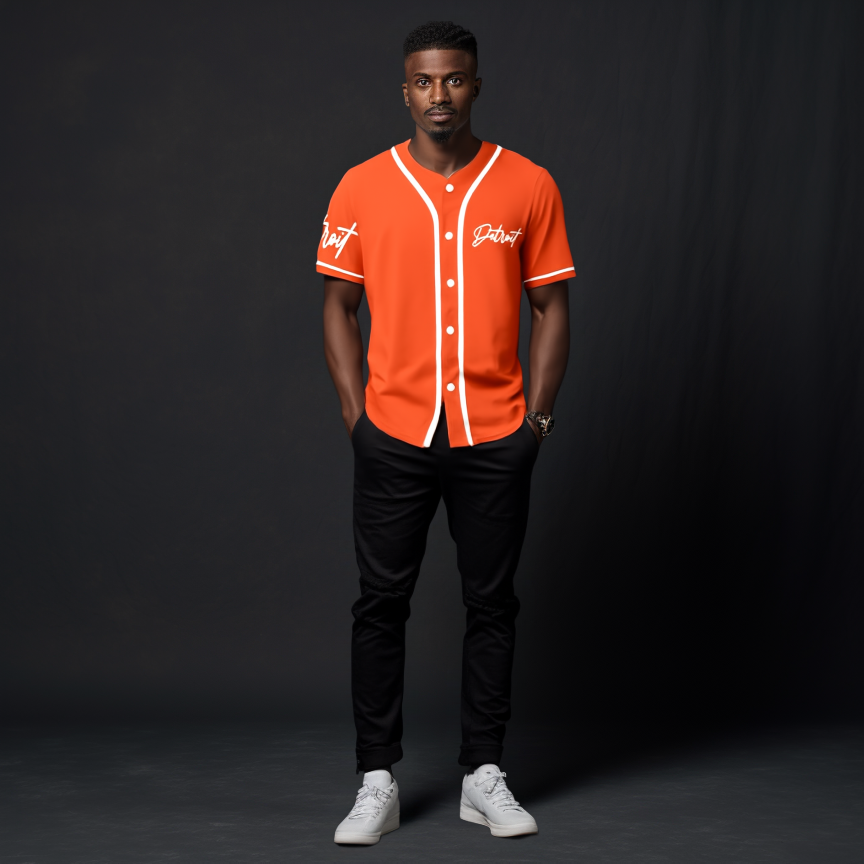 Man wearing an orange Detroit baseball jersey with white trim and script lettering, paired with black pants and white sneakers, standing against a dark background.