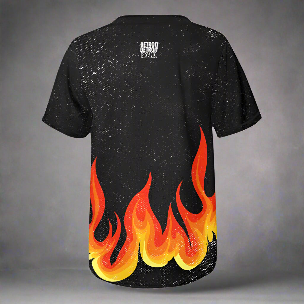 Black t-shirt with flame design on a white background
