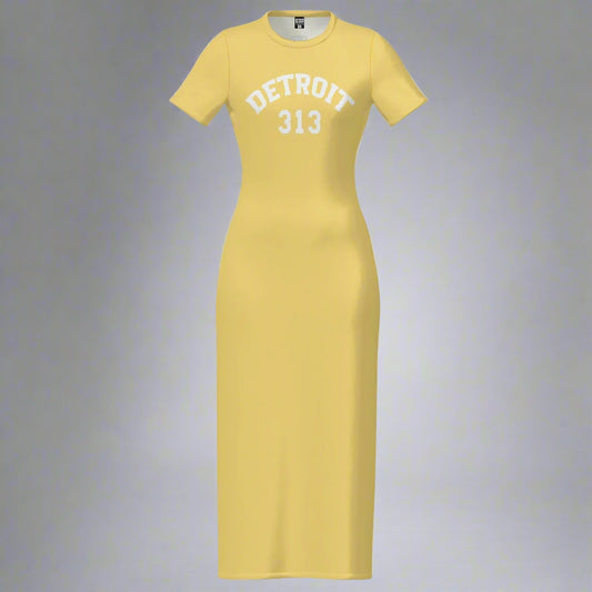 Yellow Detroit Varsity 313 Short Sleeve Body con Maxi Dress