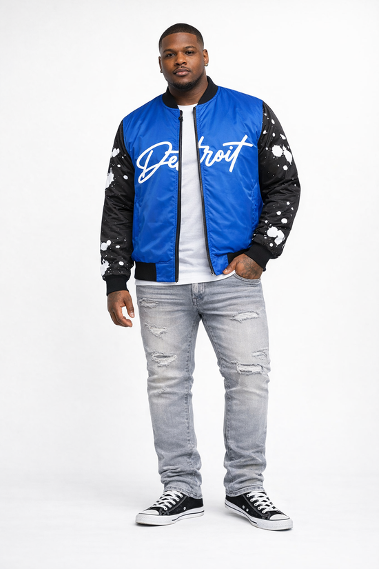 Detroit Blue Paint Splatter Bomber Jacket – Black & White Sleeve Edition