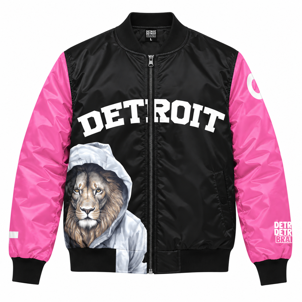 Front view of Detroit Lions pink bomber jacket with black body, pink sleeves, Detroit lettering and hooded lion graphic