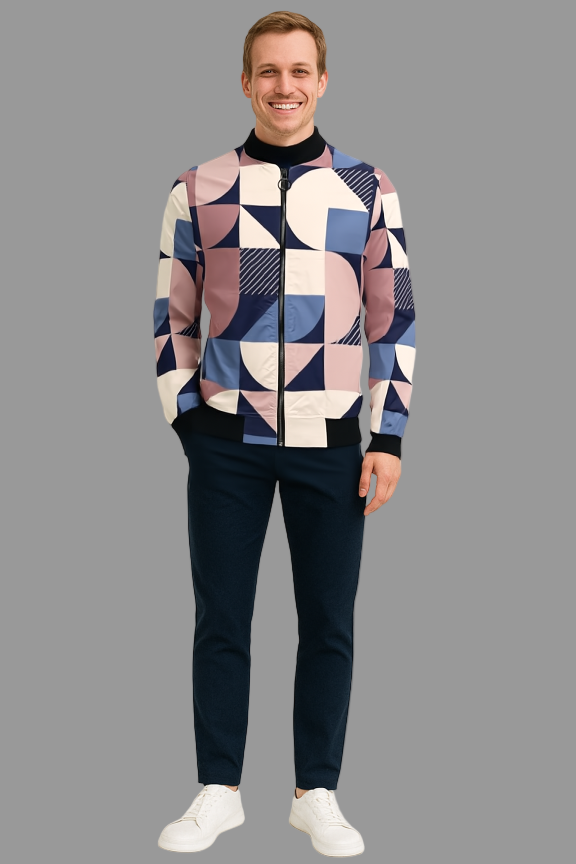 Man wearing a geometric-patterned jacket with shades of navy, mauve, cream, and blue, paired with dark pants and white sneakers, standing against a gray background.