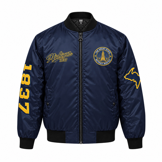 Front view of navy Michigan Detroit Rooted Bomber Jacket with maize printed chest and sleeve graphics