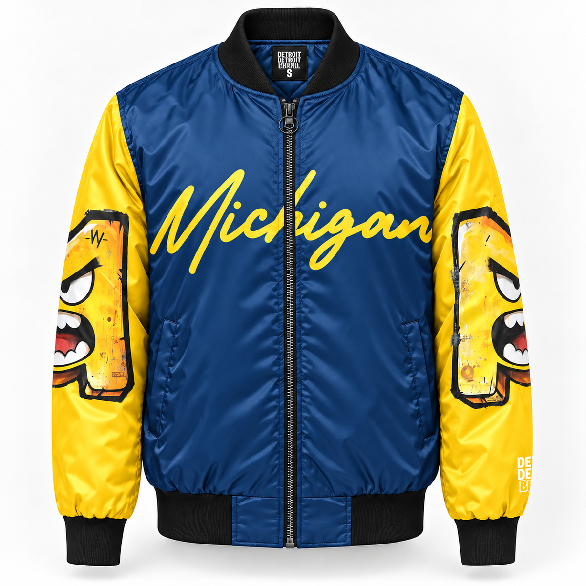     Front view of the Michigan Illustrated Bomber Jacket with blue and maize color blocking, Michigan script, illustrated sleeve graphics, and Detroit Detroit Brand neckline label.