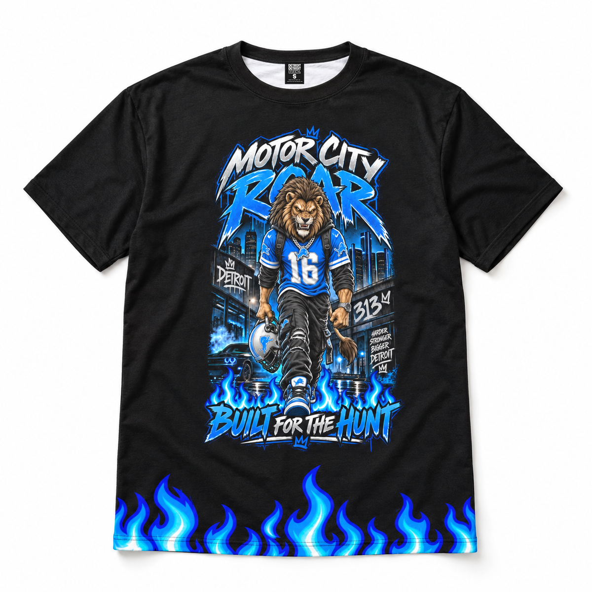 Front of black Motor City Roar Detroit football graphic T-shirt with lion artwork and blue flames