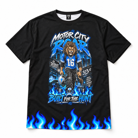 Front of black Motor City Roar Detroit football graphic T-shirt with lion artwork and blue flames
