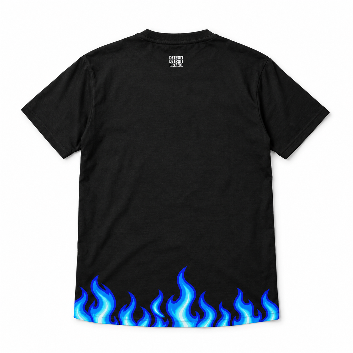 Back of black Motor City Roar Detroit graphic T-shirt with blue flame hem and Detroit Detroit Brand detail