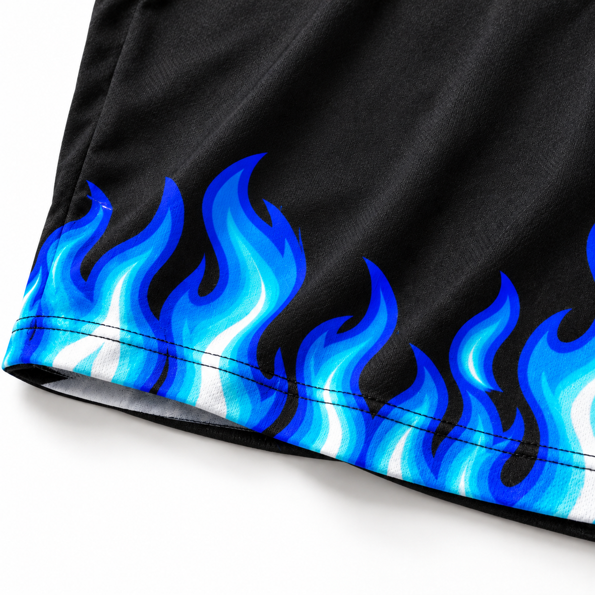 Close-up of blue flame print along the bottom of Motor City Roar Detroit graphic T-shirt
