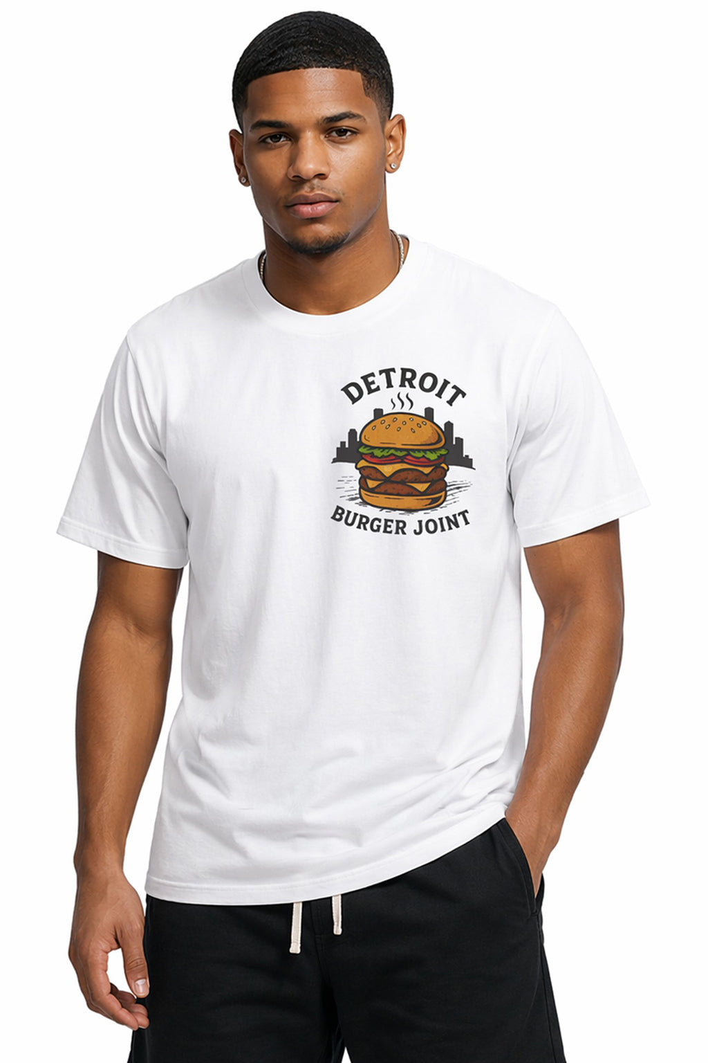 Detroit Burger Joint Tee - Black Unisex T-Shirt with City Skyline & Burger Design