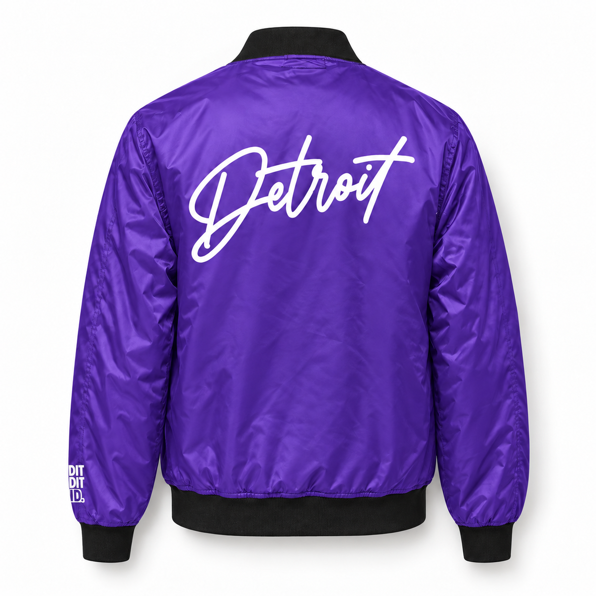Back of purple Detroit Script Bomber Jacket with large white Detroit graphic