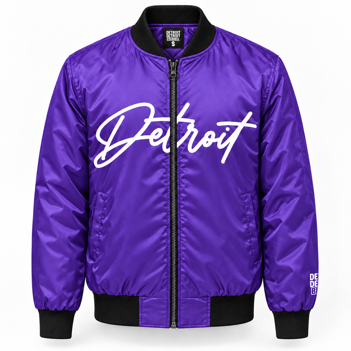 Purple Detroit Script Bomber Jacket front with white Detroit lettering and black ribbed trim