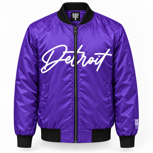 Purple Detroit Script Bomber Jacket front with white Detroit lettering and black ribbed trim