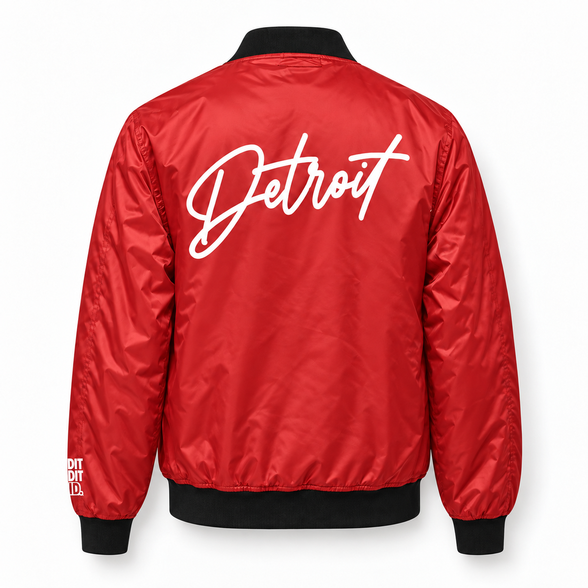     Back view of red Detroit Script Bomber Jacket with large white Detroit graphic and black ribbed trim