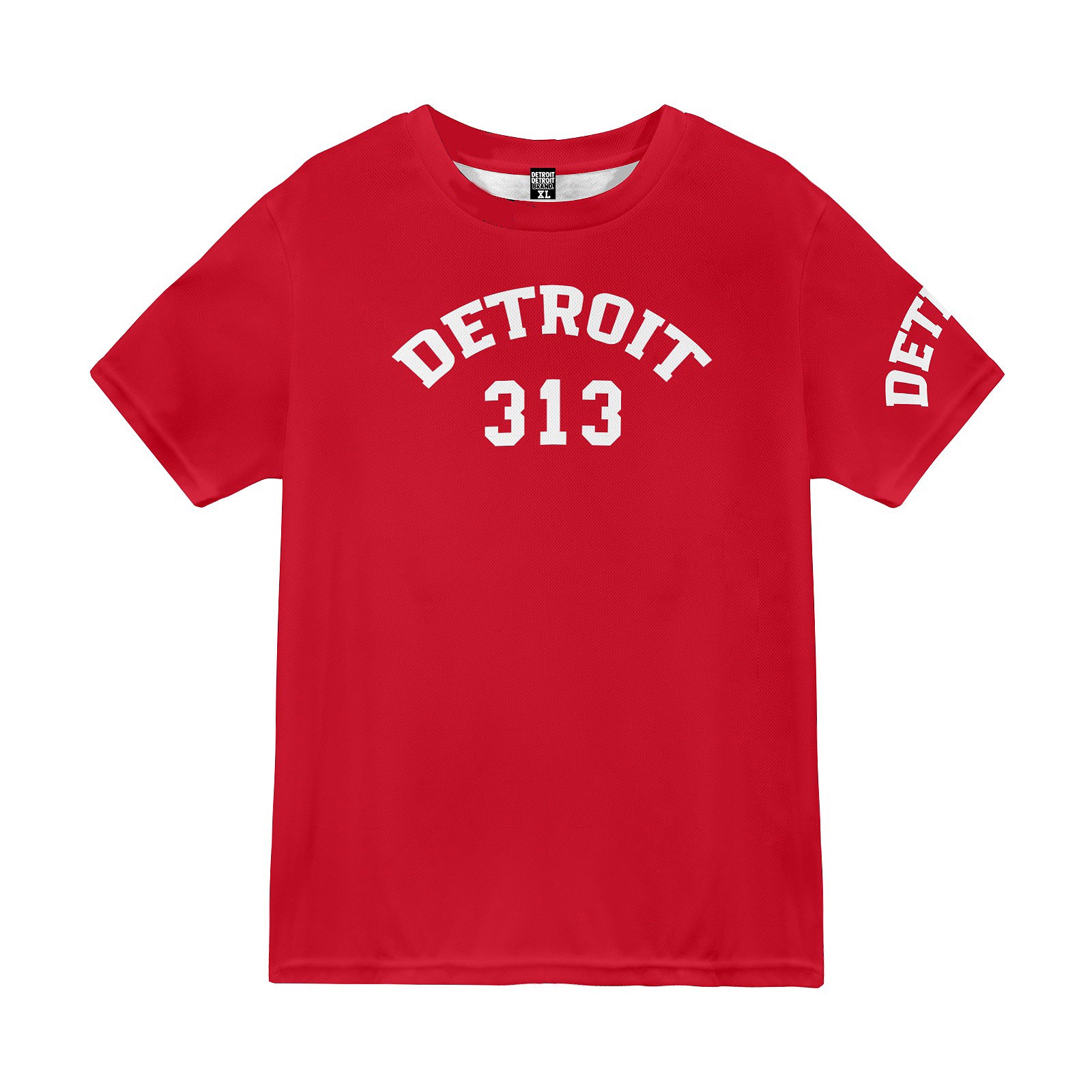 "Red short-sleeve t-shirt displayed flat against a white background. The front of the shirt features white text with the word 'DETROIT' in bold, arched capital letters above the number '313'. The left sleeve also has the word 'DETROIT' printed in white capital letters."
