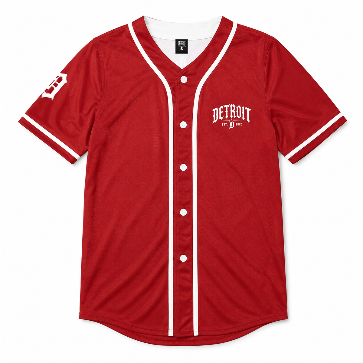 A red short-sleeve baseball-style jersey with white trim, featuring 'DETROIT' printed on the left chest and a white 'B' logo on the right sleeve, shown on a plain white background.