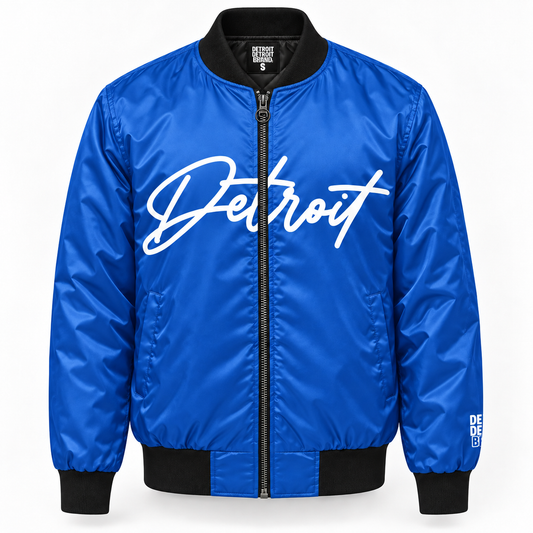 Front view of Royal Blue Detroit Script Bomber Jacket with white Detroit lettering and black trim