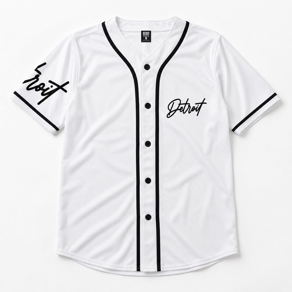 Detroit Script Baseball Jersey - White with Black Trim: Stylish and Comfortable