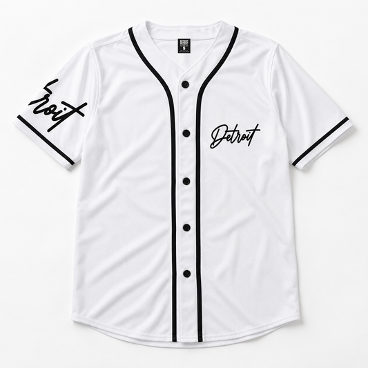 Detroit Script Baseball Jersey - White with Black Trim: Stylish and Comfortable